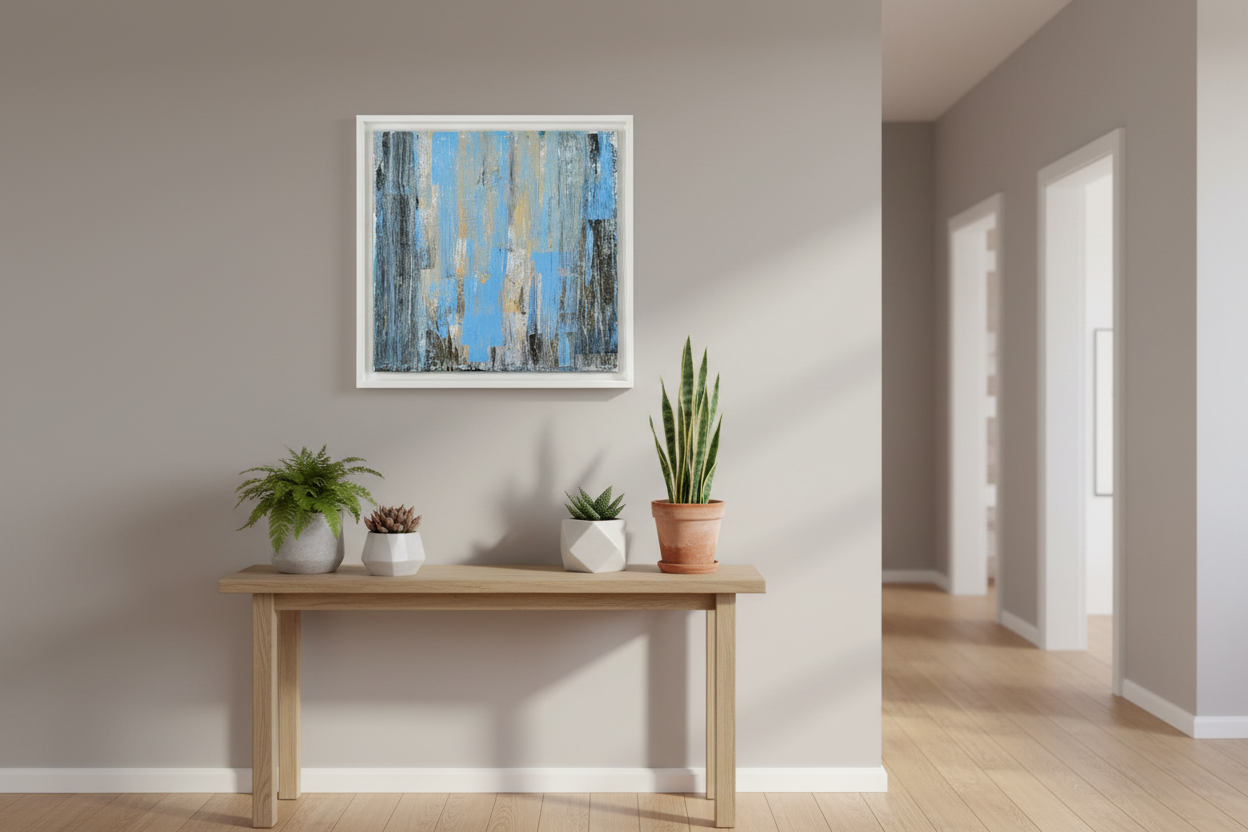 Abstract painting with blue, gray, and gold tones in a white frame.